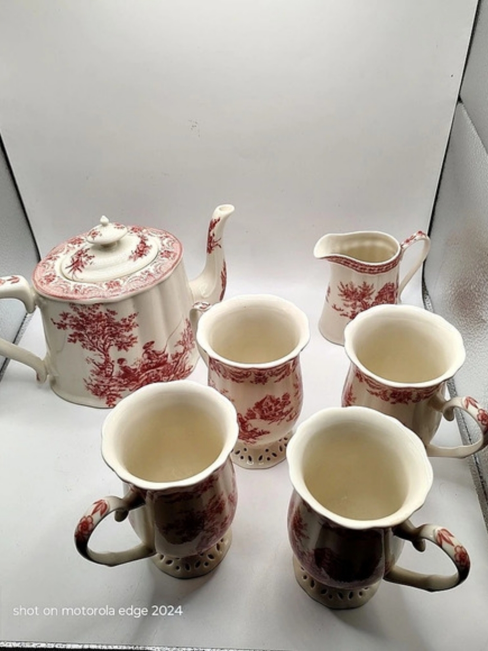 Vintage Skye McGhie Florence Red Toile Tea Set- Teapot, Creamer & 4 Pierced Mugs